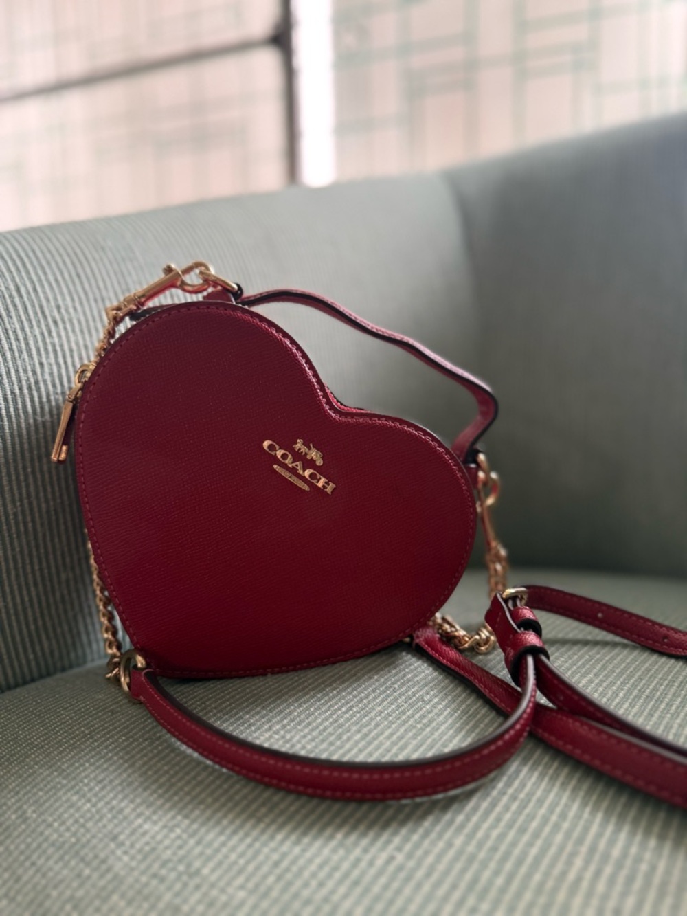 Coach Red Heart Crossbody Bag Leather Gold Chain Valentine Mini Purse